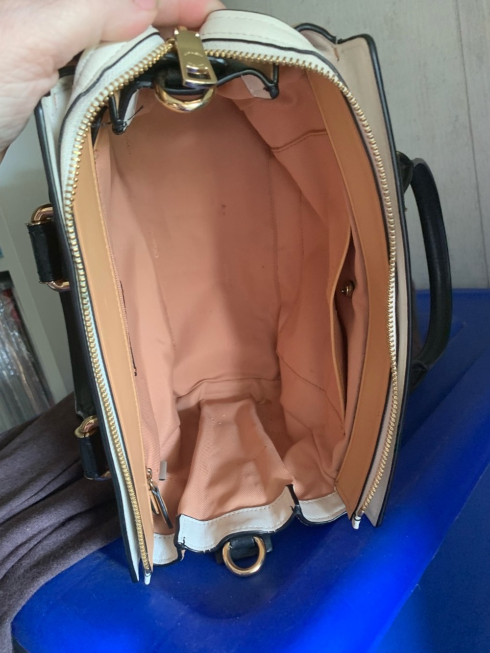 Tan and Black Women's Swagger Handbag with Gold Hardware - Picture 3 of 9